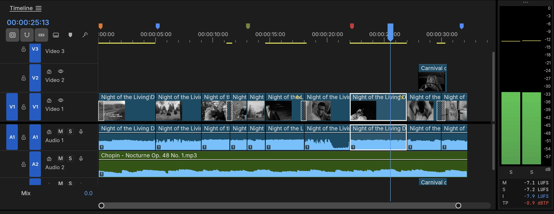 Giao diện bàn dựng video đa lớp Timeline và đồng hồ đo màu Video Scopes trong FilmCraft