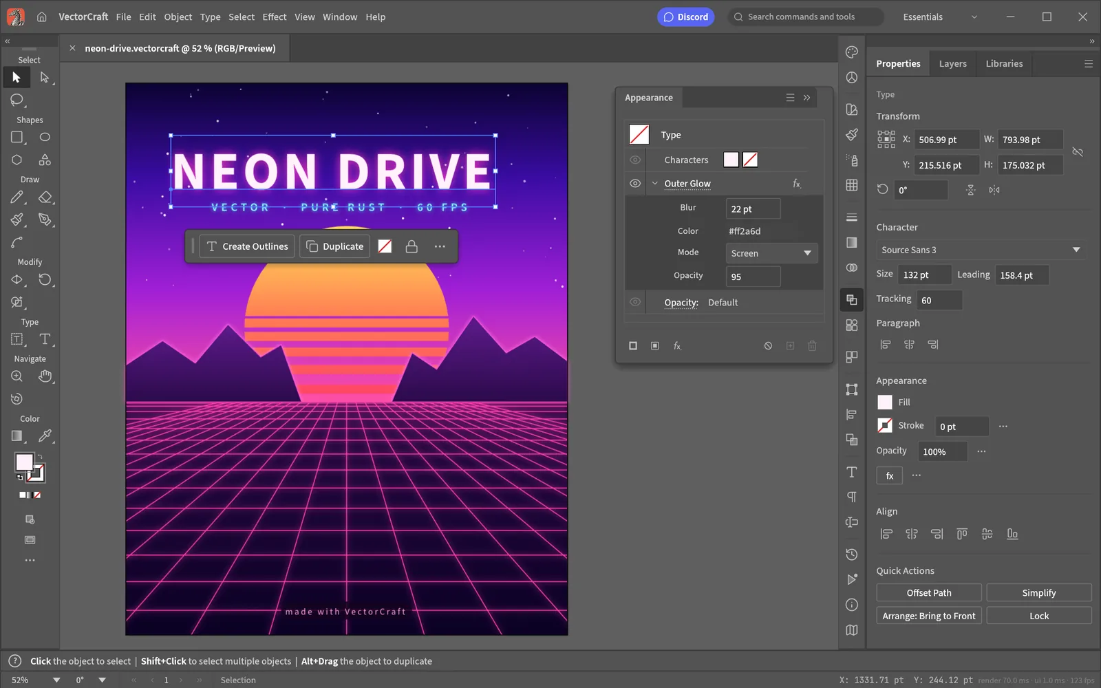 Giao diện thiết kế poster trên VectorCraft với bảng điều chỉnh hiệu ứng phát sáng Outer Glow