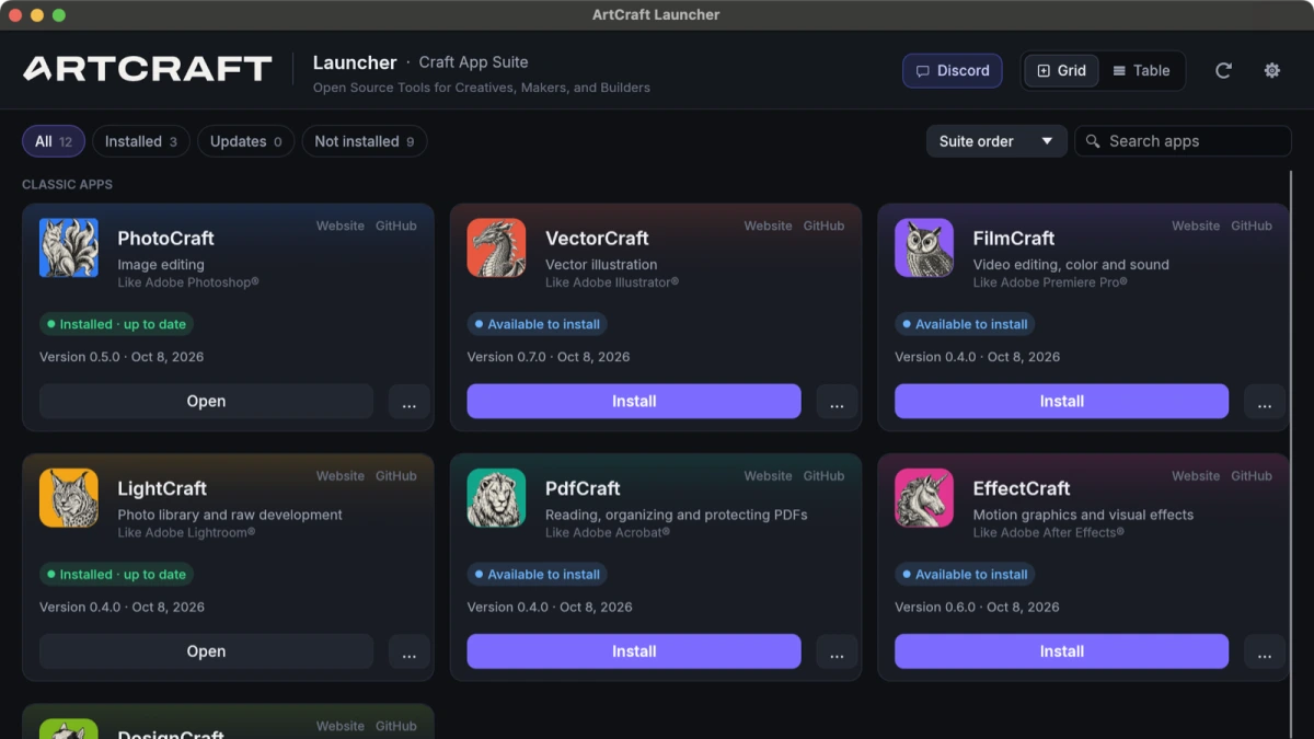 Giao diện ArtCraft Launcher hiển thị trọn bộ 12 phần mềm thiết kế và dựng video miễn phí thay thế Adobe